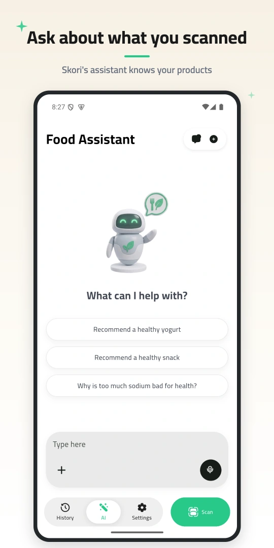 Skori assistant start screen with suggested questions and a message field
