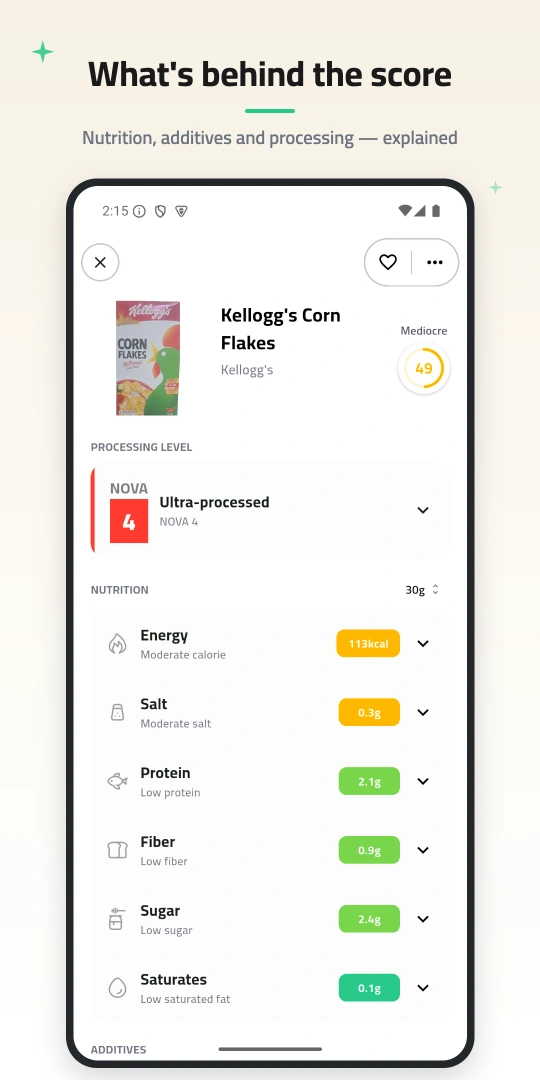 A food product in Skori, with its score and nutrition breakdown
