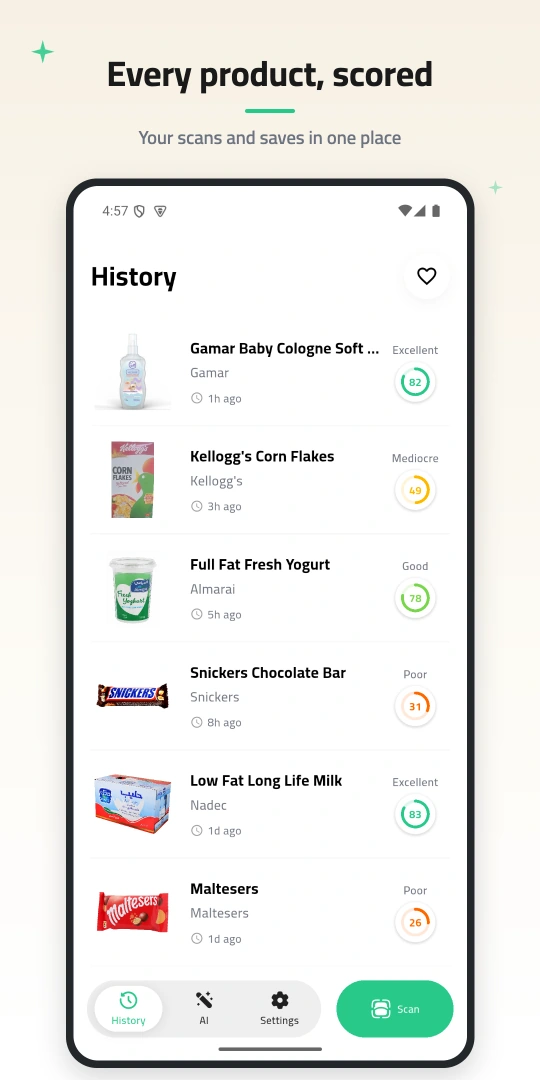 Skori scan history showing food and cosmetic products with individual scores